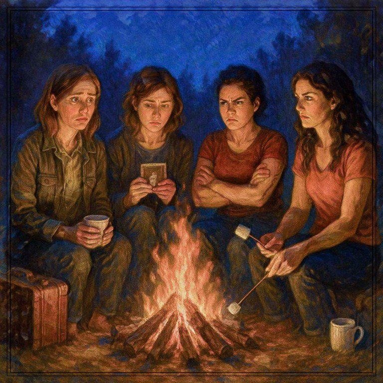 A painting of four women sitting around a campfire, each representing different emotions — sadness, reflection, anger, and quiet contemplation.