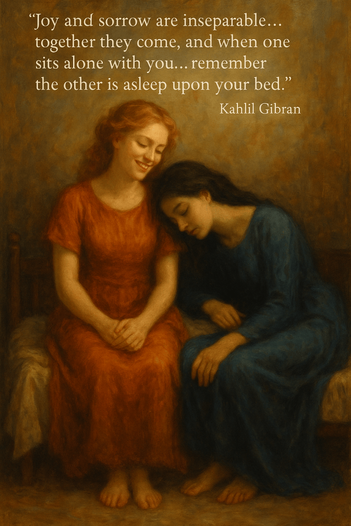 Two women sit close together in soft, painterly tones—one smiling gently in a red dress, the other resting her head, asleep, in a blue gown. A visual metaphor of joy and sorrow in quiet companionship.