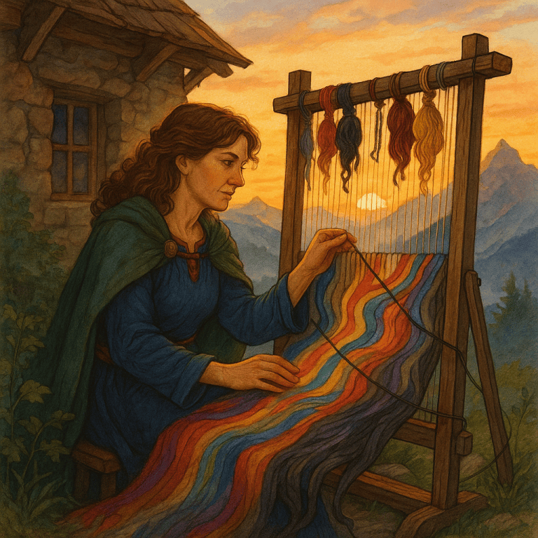 A woman weaving a colorful tapestry at sunrise, symbolizing life’s threads of love, hope, and resilience.