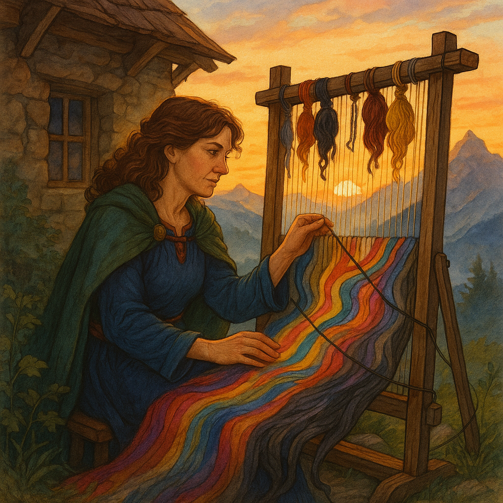 A woman weaving a colorful tapestry at sunrise, symbolizing life’s threads of love, hope, and resilience.