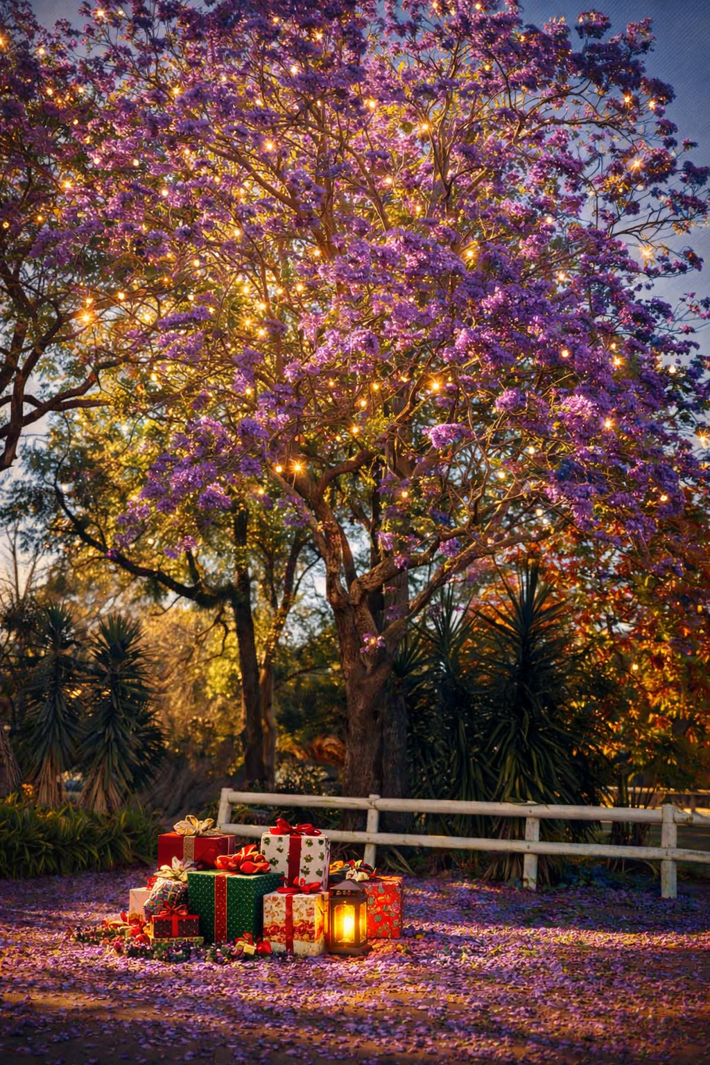 Jacaranda tree in full purple bloom decorated with warm lights, Christmas gifts beneath it, celebrating love during a South African summer Christmas.