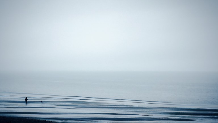 A lone figure walks along a frozen shoreline in Alaska beneath a vast, pale sky, surrounded by still water and winter silence.