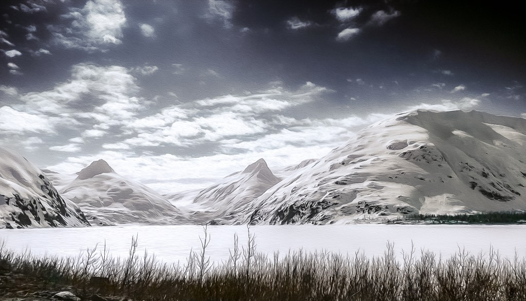 Snow-covered glaciers and rugged mountains stretch across an Alaskan valley beneath a wide winter sky.