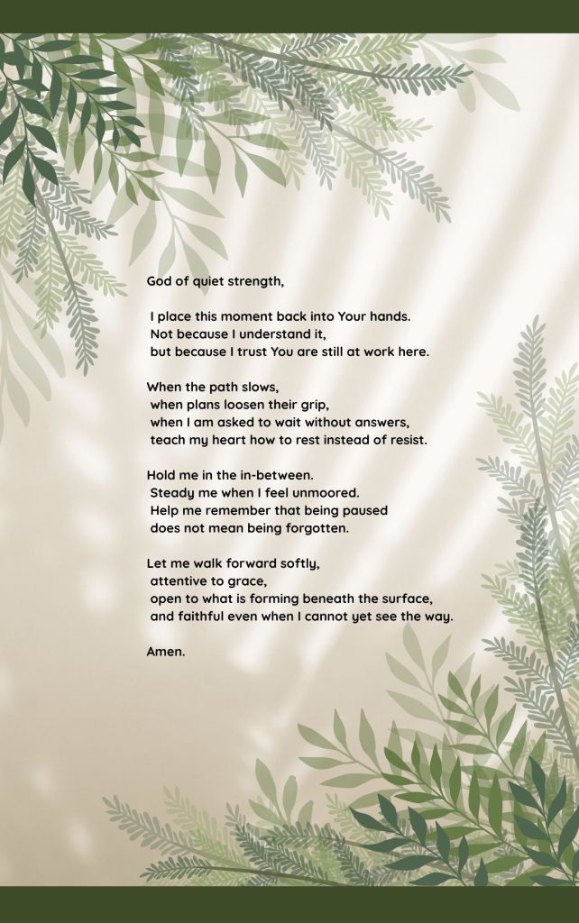 A soft botanical prayer image with green leaves framing a faith-filled prayer about resting in God’s quiet strength and trusting Him in seasons of waiting.