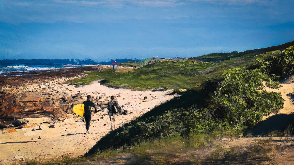 An impressionistic coastal scene with two people walking along a sandy path beside the ocean, surrounded by green hills, blue sky, and soft painterly textures.