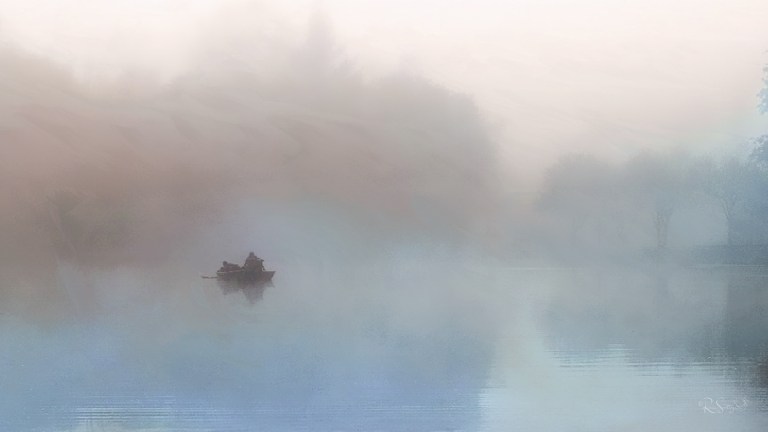 A misty river scene with a small boat drifting across calm blue water, surrounded by soft trees and peaceful morning light.
